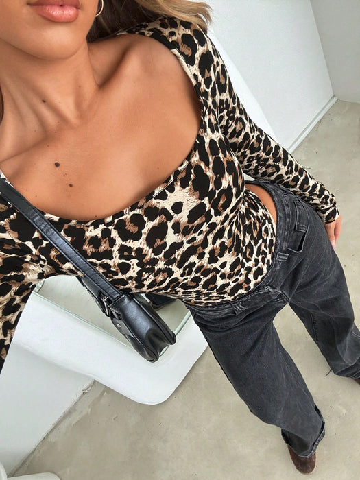 Shein Siren Gaze Body de manga larga con cuello cuadrado y estampado de leopardo para mujeres