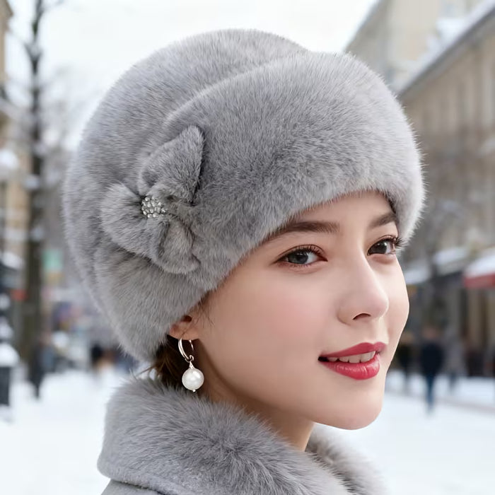 Boina de felpa de invierno, lujosa y elegante para mujer, que proporciona calidez