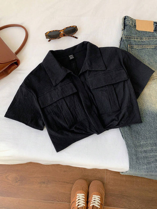Shein Comfortcana Camisa corta con bolsillos con solapa y dobladillo con nudo, manga corta para mujer de verano