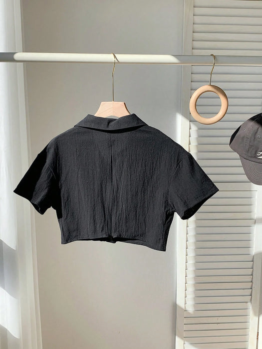 Shein Comfortcana Camisa corta con bolsillos con solapa y dobladillo con nudo, manga corta para mujer de verano