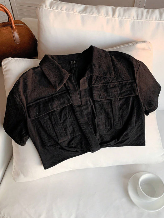 Shein Comfortcana Camisa corta con bolsillos con solapa y dobladillo con nudo, manga corta para mujer de verano