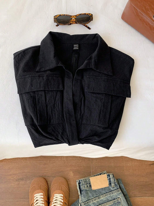 Shein Comfortcana Camisa corta con bolsillos con solapa y dobladillo con nudo, manga corta para mujer de verano