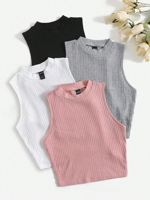 SHEIN EZwear Camiseta sin mangas de punto acanalado con cuello alto (4 piezas)