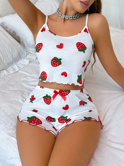Shein Conjunto de pijama de camisola y shorts con estampado de fresas, jacquard y volantes para mujer