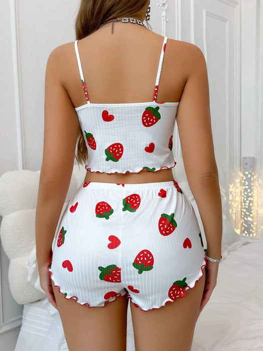Shein Conjunto de pijama de camisola y shorts con estampado de fresas, jacquard y volantes para mujer