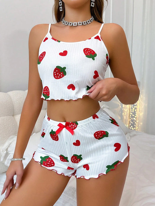 Shein Conjunto de pijama de camisola y shorts con estampado de fresas, jacquard y volantes para mujer