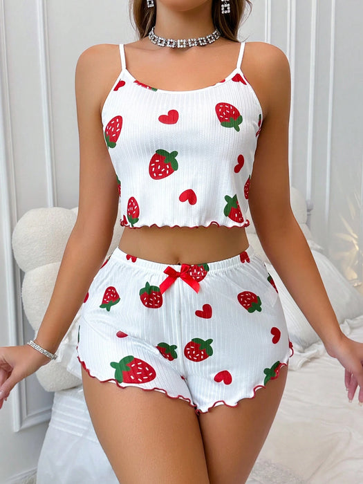 Shein Conjunto de pijama de camisola y shorts con estampado de fresas, jacquard y volantes para mujer