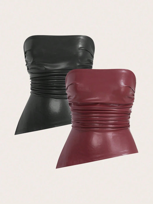 SHEIN EZwear 2 piezas  Top bandeau Y2K de Color liso PU con Dobladillo biselado