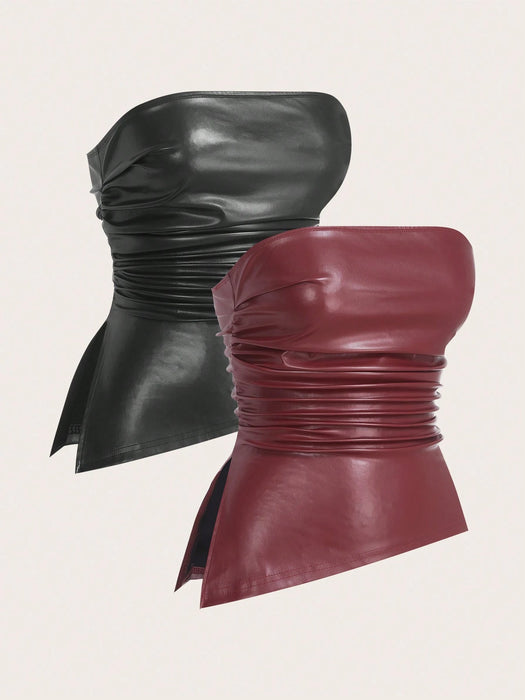 SHEIN EZwear 2 piezas  Top bandeau Y2K de Color liso PU con Dobladillo biselado