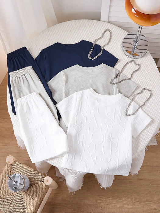 SHEIN Conjunto de 6 piezas de camiseta de manga corta y pantalón corto de tela texturizada para niño