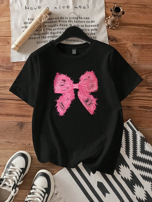 Attitoon Camiseta casual de mujer con lazo rosa, cuello redondo