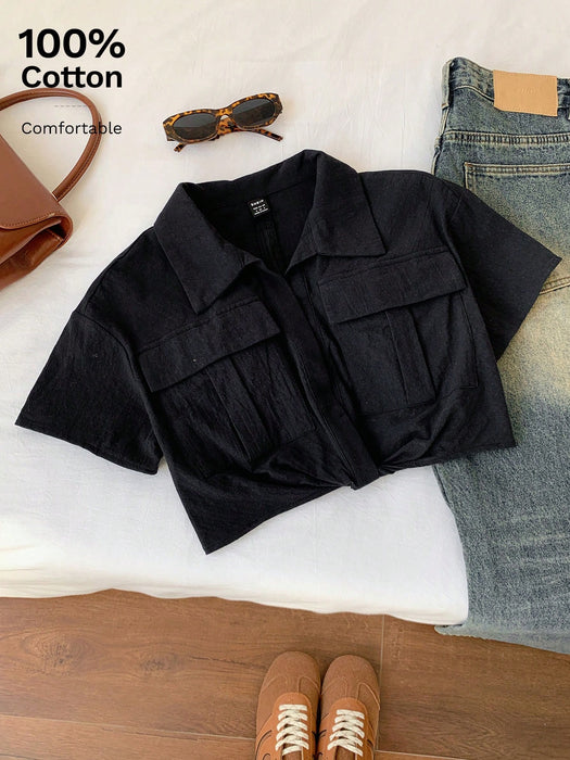 Shein Comfortcana Camisa corta con bolsillos con solapa y dobladillo con nudo, manga corta para mujer de verano