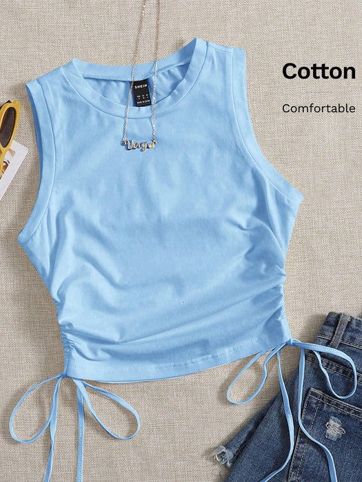 SHEIN EZwear Top corto de mujer azul claro con cuello redondo, fruncido lateral y cordón en el bajo
