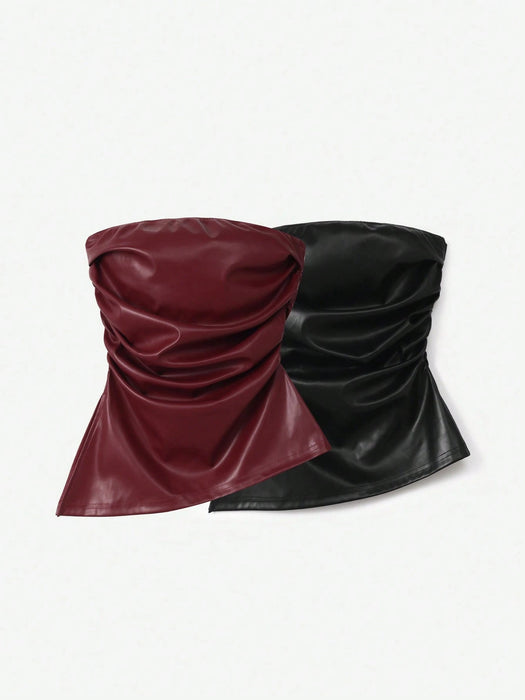 SHEIN EZwear 2 piezas  Top bandeau Y2K de Color liso PU con Dobladillo biselado