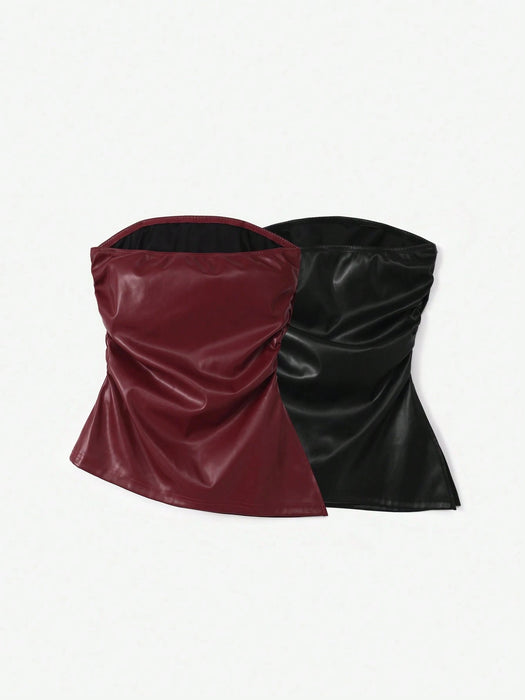 SHEIN EZwear 2 piezas  Top bandeau Y2K de Color liso PU con Dobladillo biselado