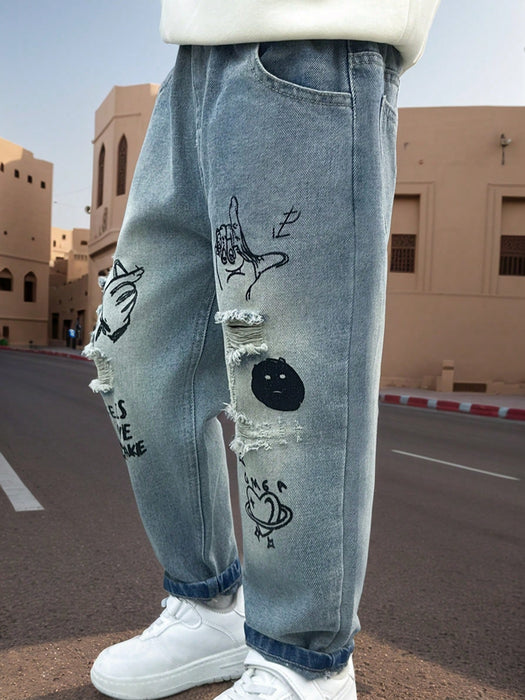 Shein Pantalones vaqueros desgastados bordados con bolsillos rotos