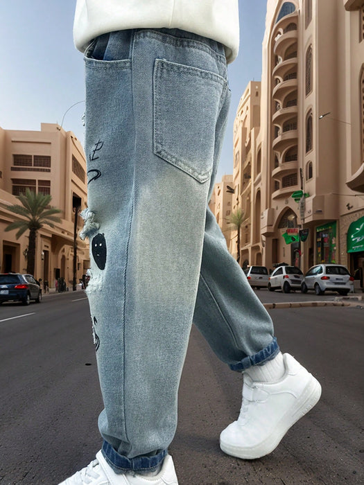 Shein Pantalones vaqueros desgastados bordados con bolsillos rotos