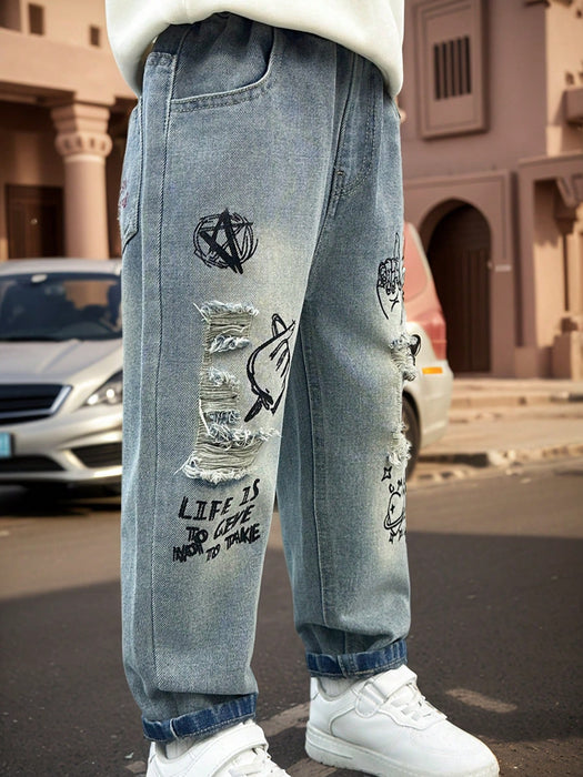Shein Pantalones vaqueros desgastados bordados con bolsillos rotos