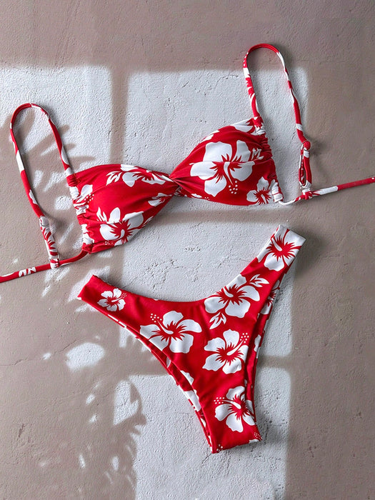 SHEIN Elavelle conjunto de bikini sexy de corte alto con estampado floral y tirantes finos con nudo retorcido para mujer