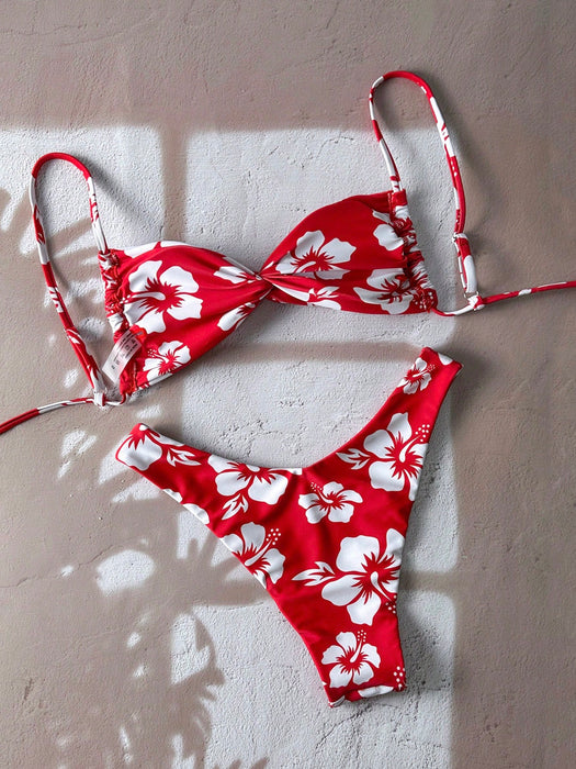 SHEIN Elavelle conjunto de bikini sexy de corte alto con estampado floral y tirantes finos con nudo retorcido para mujer
