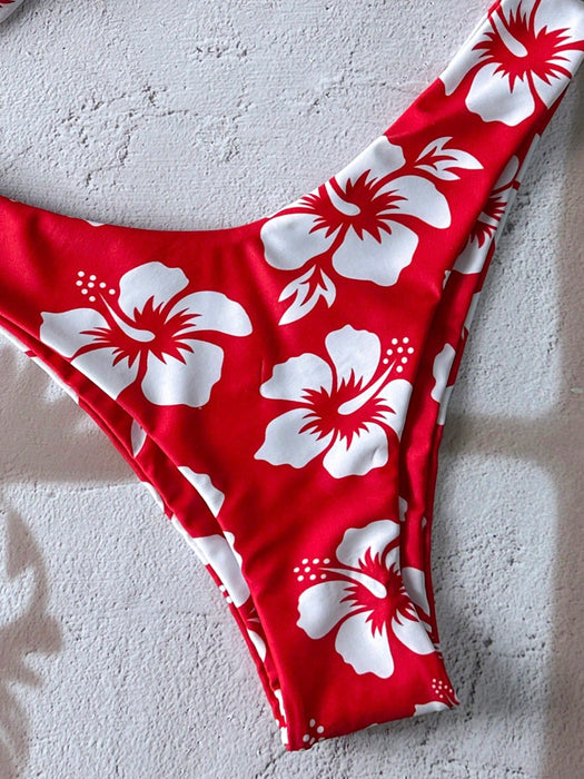 SHEIN Elavelle conjunto de bikini sexy de corte alto con estampado floral y tirantes finos con nudo retorcido para mujer