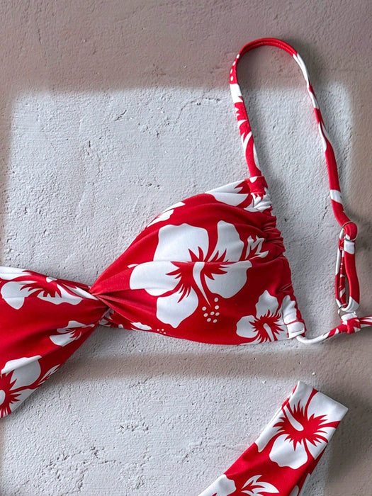 SHEIN Elavelle conjunto de bikini sexy de corte alto con estampado floral y tirantes finos con nudo retorcido para mujer