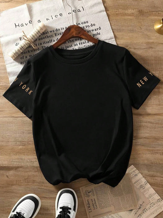 SHEIN Camiseta de cuello redondo con estampado gráfico de la ciudad de Nueva York para adolescentes