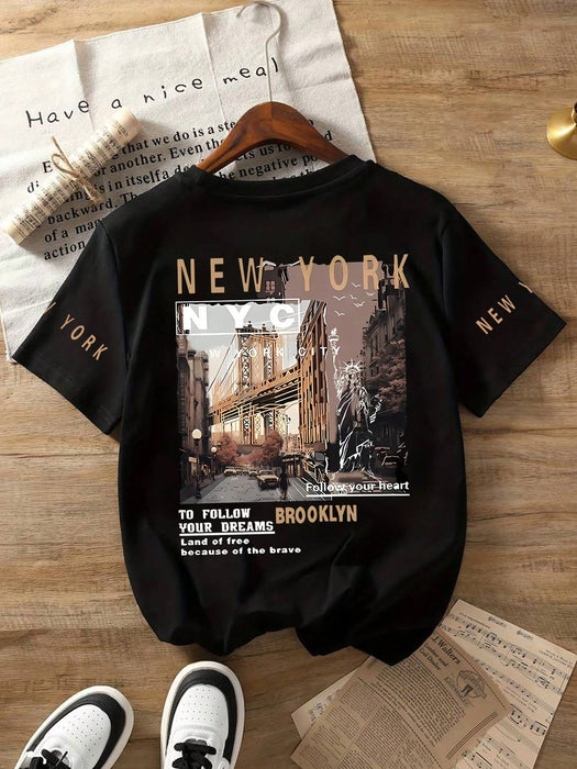 SHEIN Camiseta de cuello redondo con estampado gráfico de la ciudad de Nueva York para adolescentes