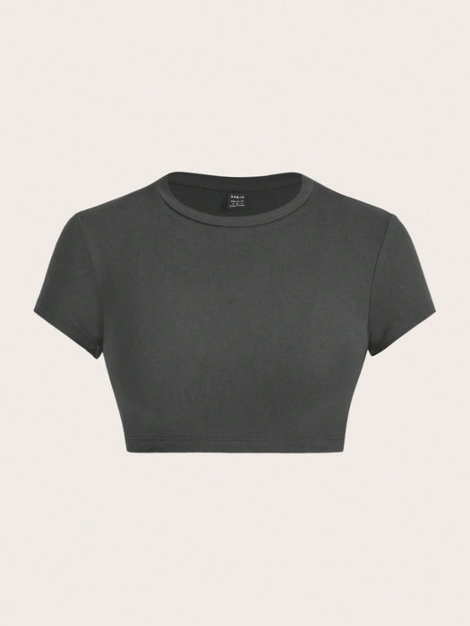 SHEIN ICON Camiseta ajustada y acortada para mujer de cuello redondo