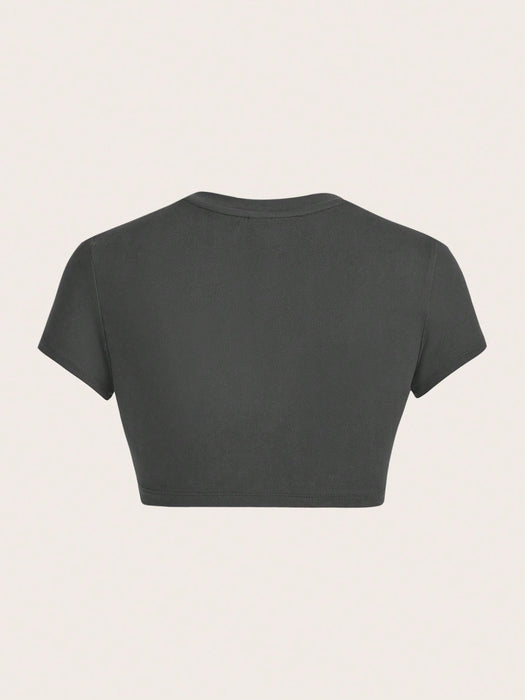 SHEIN ICON Camiseta ajustada y acortada para mujer de cuello redondo