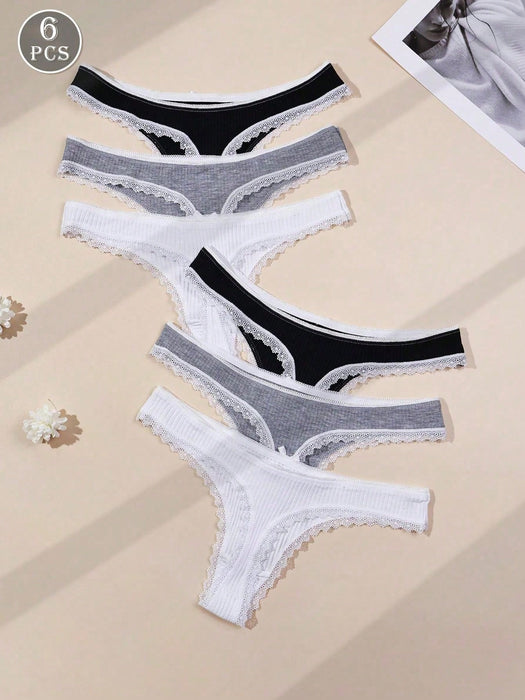 SHEIN 6 piezas Bragas y tangas minimalistas y sexys con ribete de encaje