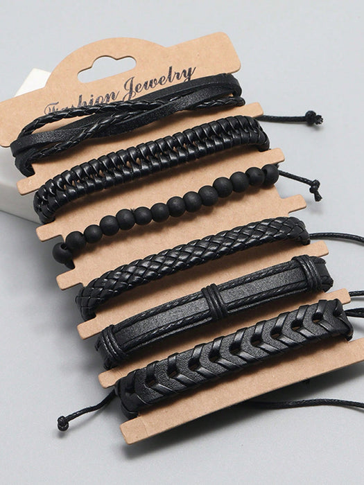 Shein Conjunto de 6 pulseras de cuero tejido negro vintage para hombre