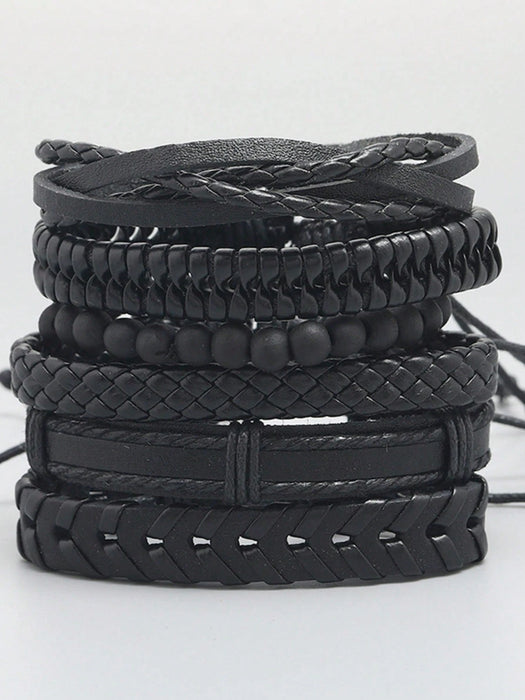 Shein Conjunto de 6 pulseras de cuero tejido negro vintage para hombre