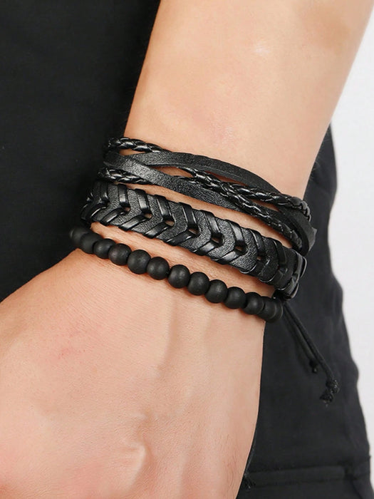Shein Conjunto de 6 pulseras de cuero tejido negro vintage para hombre
