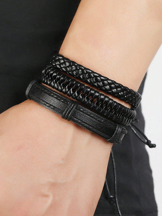 Shein Conjunto de 6 pulseras de cuero tejido negro vintage para hombre