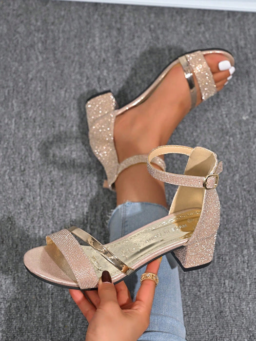 SHEIN Sandalias de tacón grueso para mujer elegantes con tira en el tobillo y tacón alto grueso