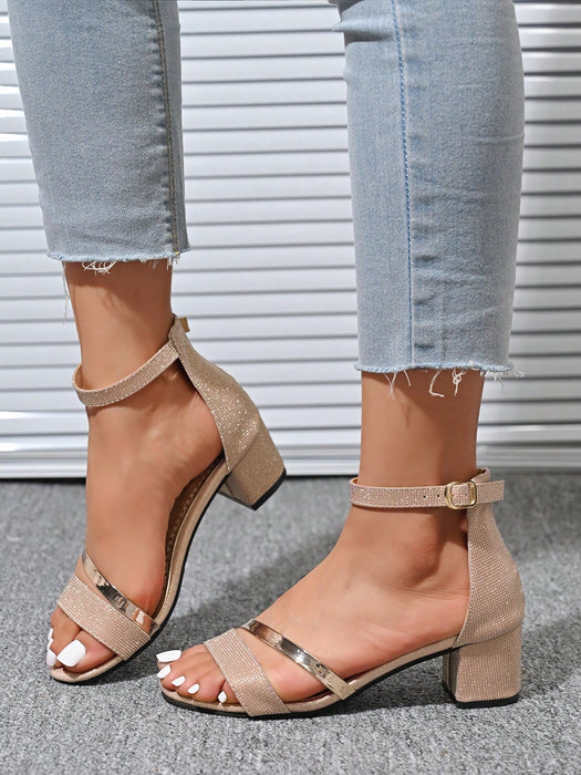 SHEIN Sandalias de tacón grueso para mujer elegantes con tira en el tobillo y tacón alto grueso