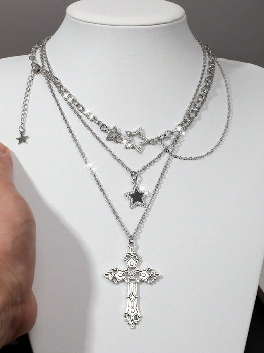 Conjunto de 3pcs de collares con colgantes de estrella y cruz de estilo gótico retro para mujer