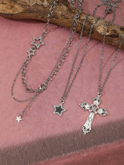 Conjunto de 3pcs de collares con colgantes de estrella y cruz de estilo gótico retro para mujer