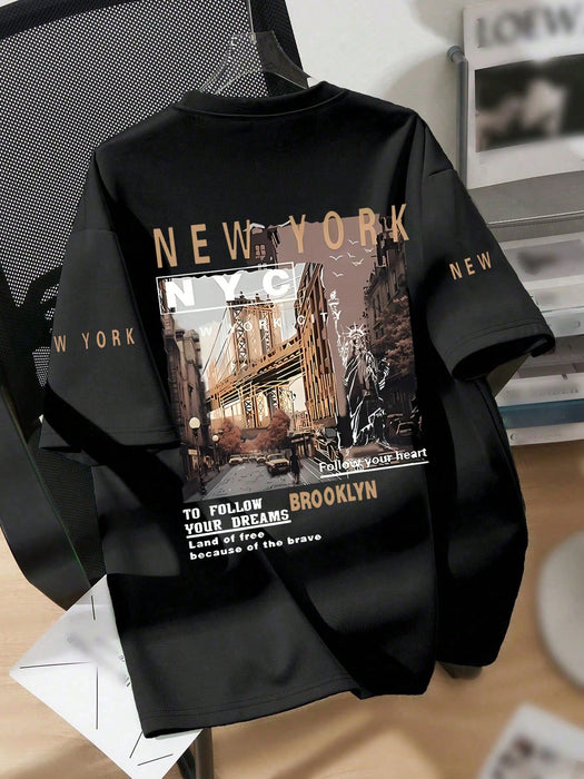 SHEIN Camiseta de cuello redondo con estampado gráfico de la ciudad de Nueva York para adolescentes