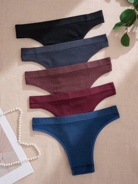 Shein Paquete de 5 bragas de punto sin costuras de talle ultrabajo para mujer, multicolor