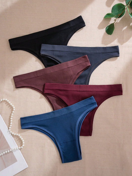 Shein Paquete de 5 bragas de punto sin costuras de talle ultrabajo para mujer, multicolor