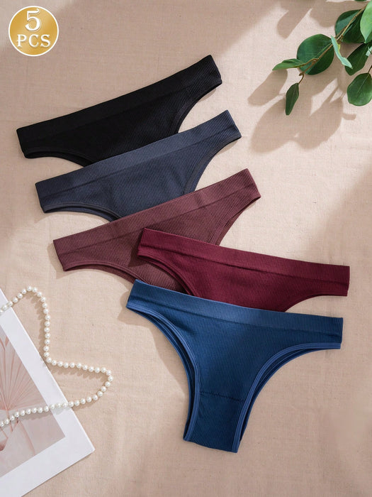 Shein Paquete de 5 bragas de punto sin costuras de talle ultrabajo para mujer, multicolor