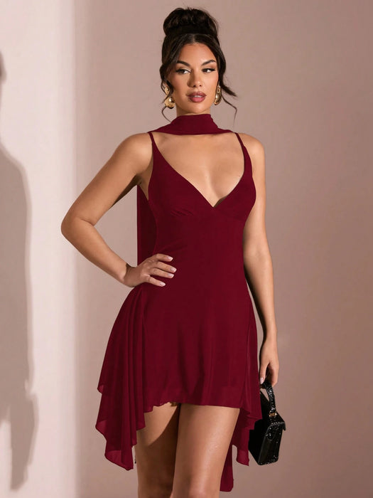 SHEIN BAE Vestido corto elegante de verano color sólido con escote en V profundo y lazo