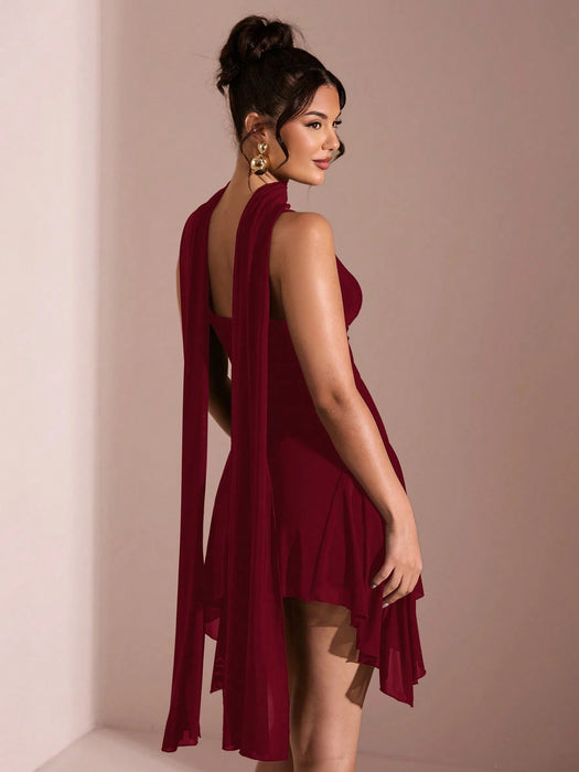 SHEIN BAE Vestido corto elegante de verano color sólido con escote en V profundo y lazo