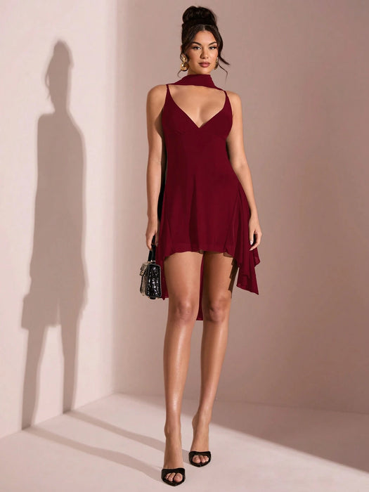SHEIN BAE Vestido corto elegante de verano color sólido con escote en V profundo y lazo