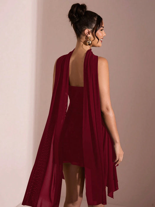 SHEIN BAE Vestido corto elegante de verano color sólido con escote en V profundo y lazo