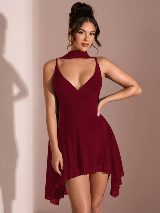 SHEIN BAE Vestido corto elegante de verano color sólido con escote en V profundo y lazo