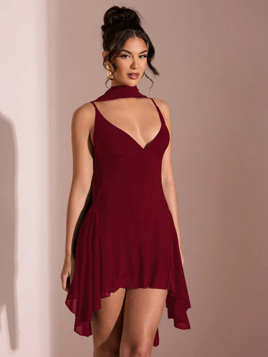 SHEIN BAE Vestido corto elegante de verano color sólido con escote en V profundo y lazo