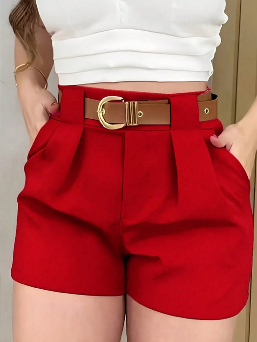 Shein BamGleam Pantalones cortos de mujer de color liso, plisados, de pierna recta y con bolsillos